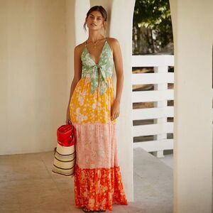 Agua Bendita Fairy Vita Maxi Dress Boho Tiered Floral Bird Resortwear Small